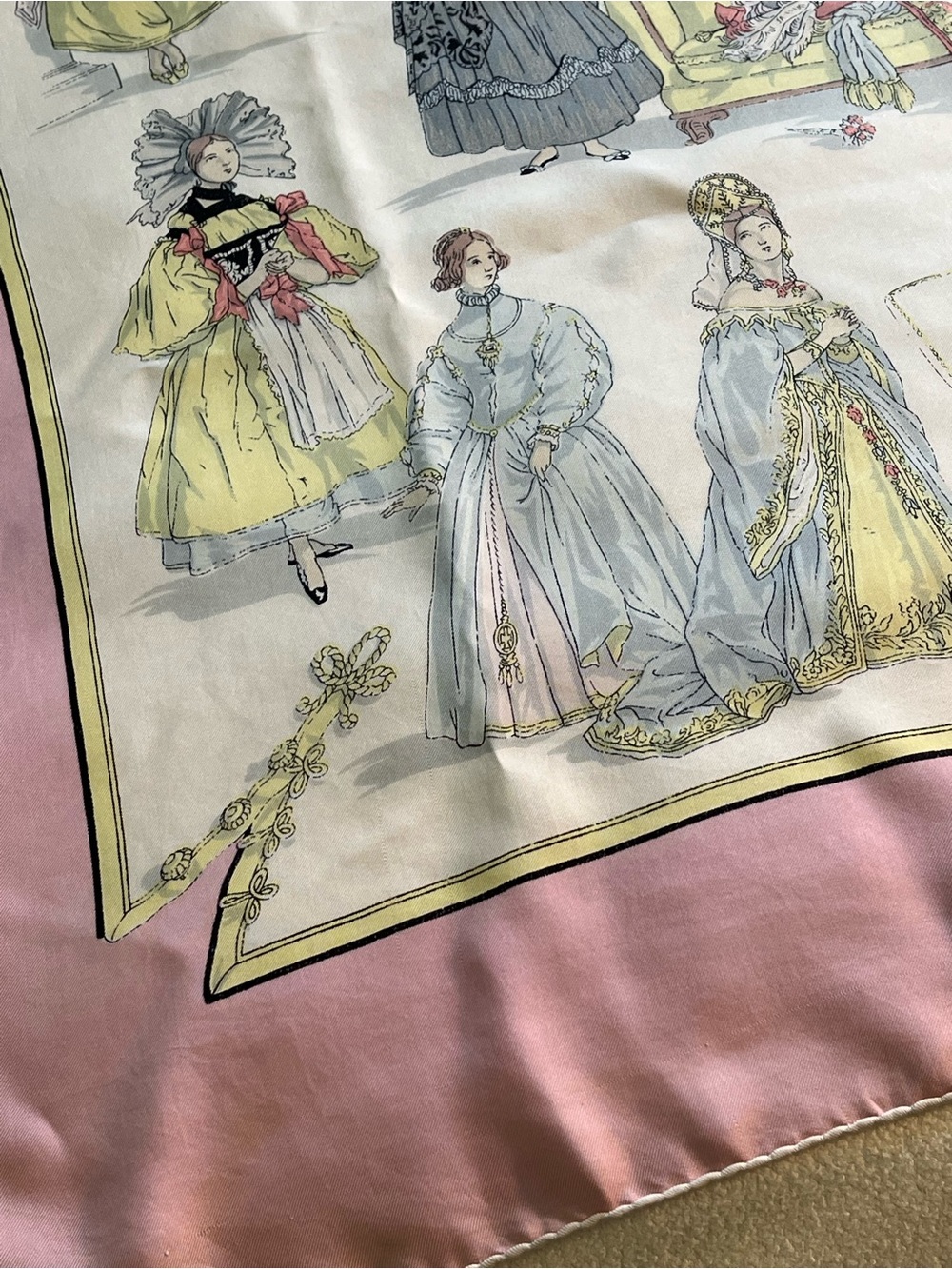 Hermès 'Costumes de Dames' Silk Scarf in Pink, Yellow, Gray - Picture 8 of 13